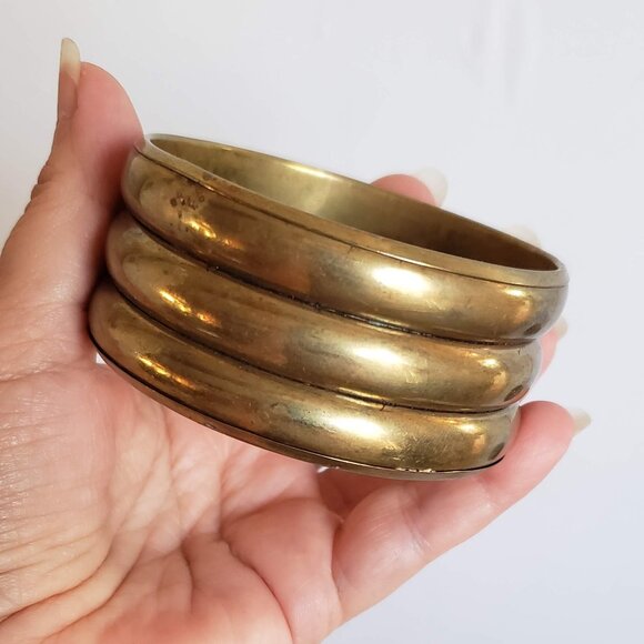 2pcs Vintage BRASS & WOOD Bangles Bracelets Wide Minimalist Modernist - Picture 7 of 12